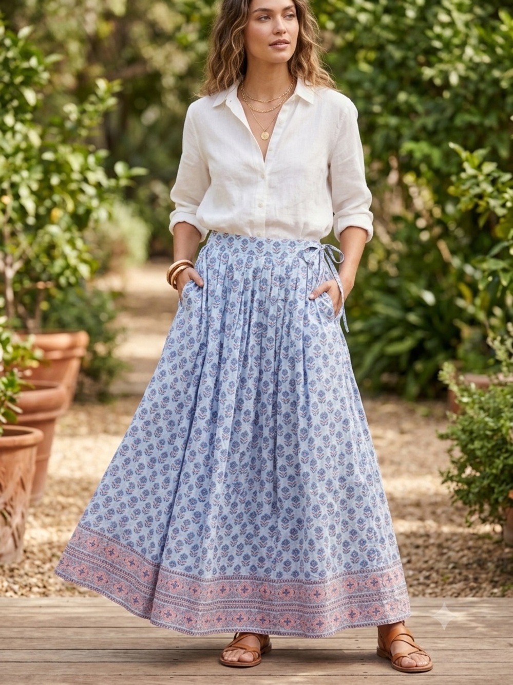 MAHILA Light Blue Floral Border Circle Skirt - Bohemian Maxi
